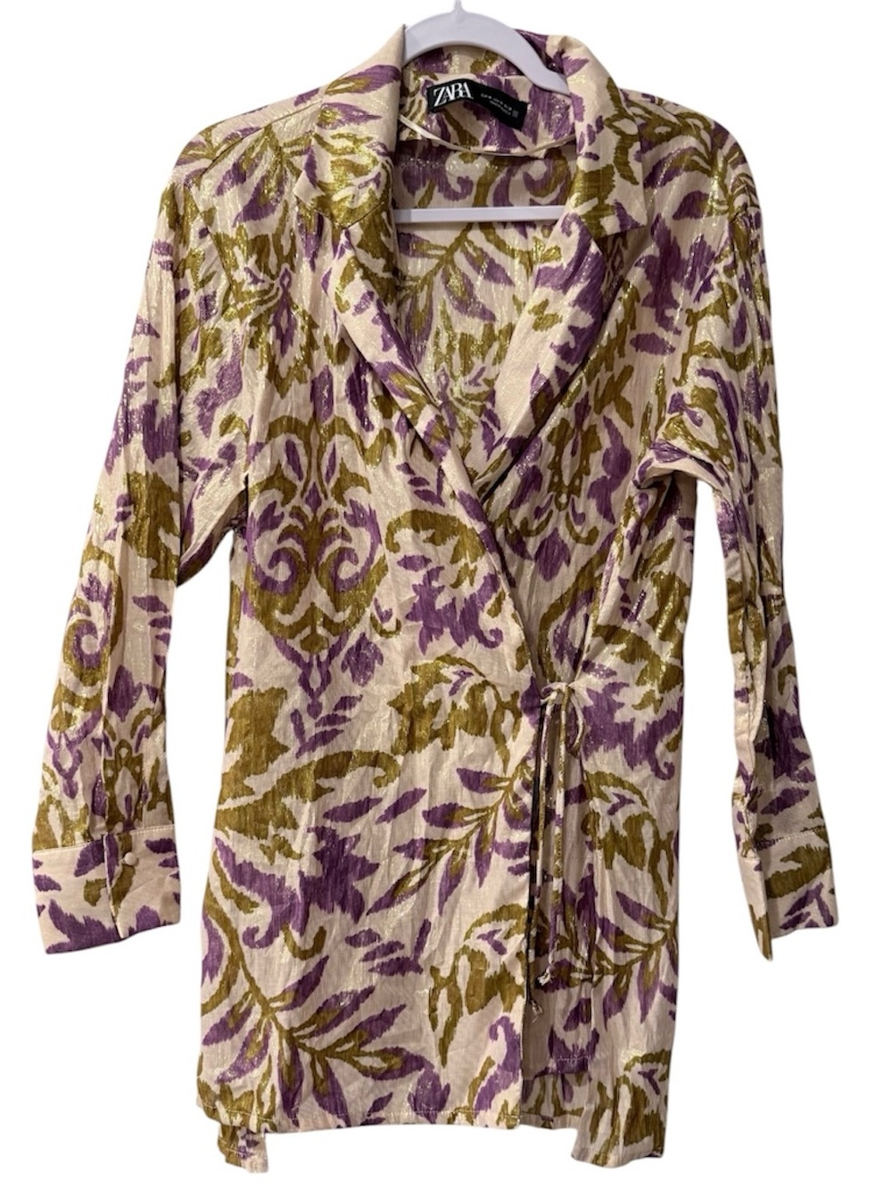 Zara women’s Medium 3/4 sleeve metallic gold & purple double wrap tie up Blazer